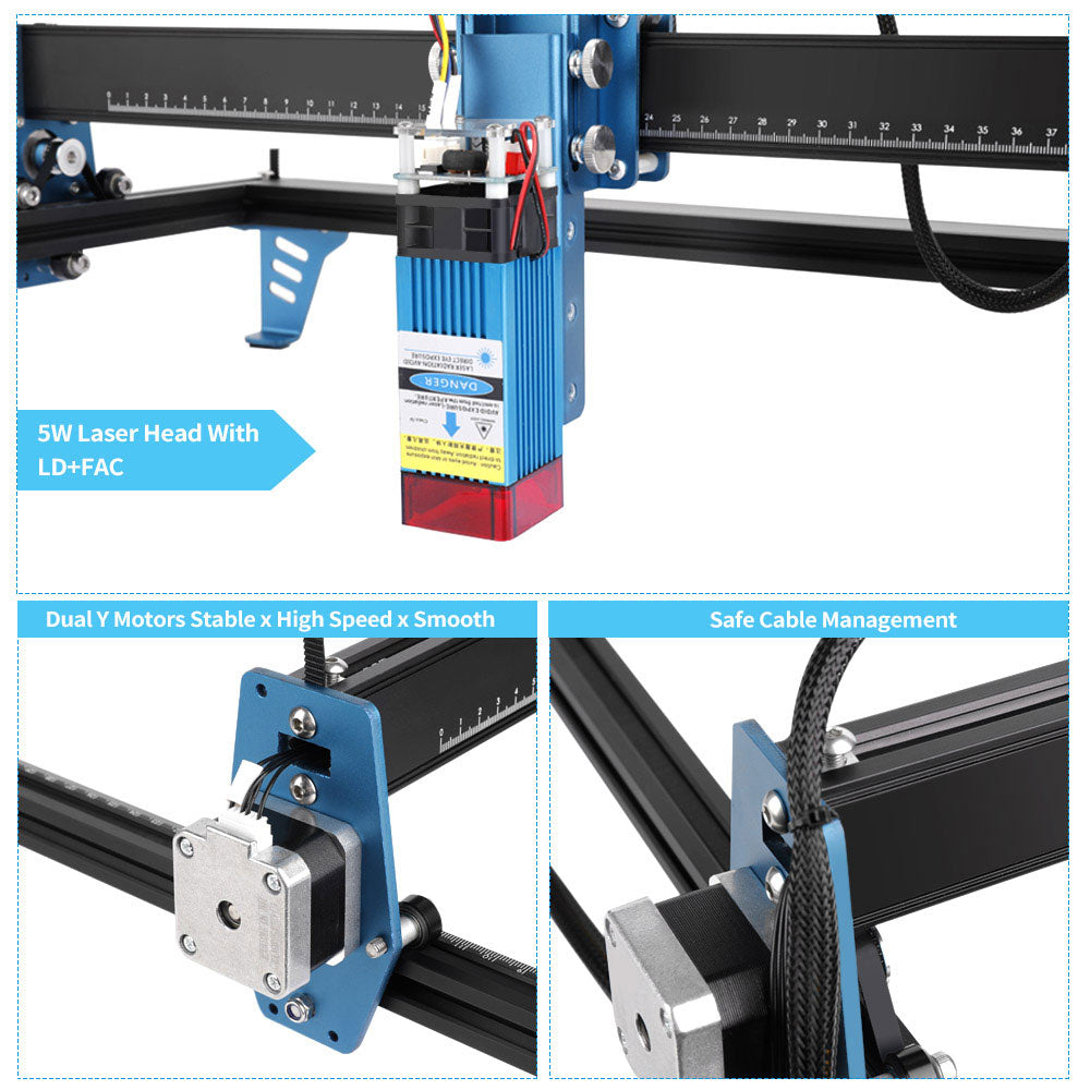 comgrow z1 desktop laser engraver features 5w laser head with LD+FAC,dual Y stable motors and safe cable management