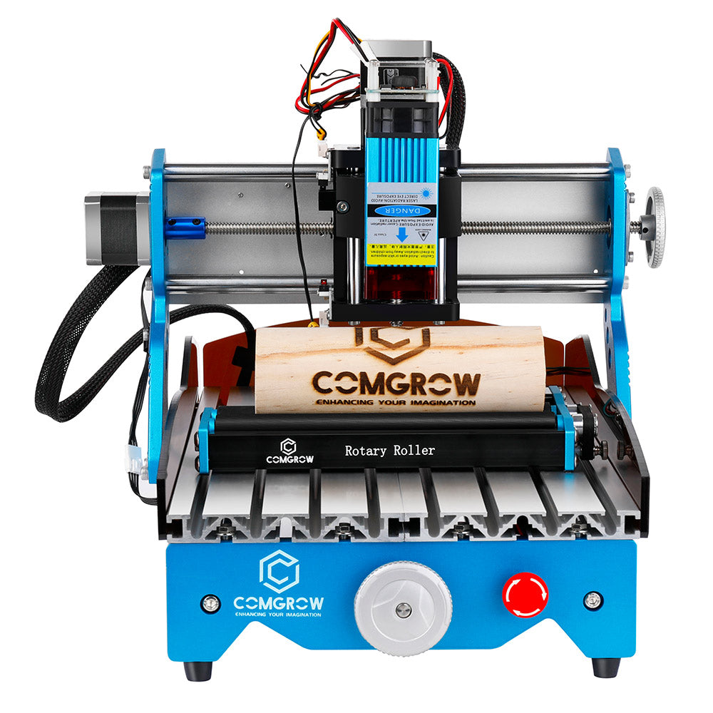 comgrow laser machine is engraving a cylinderical wood with rotary roller 